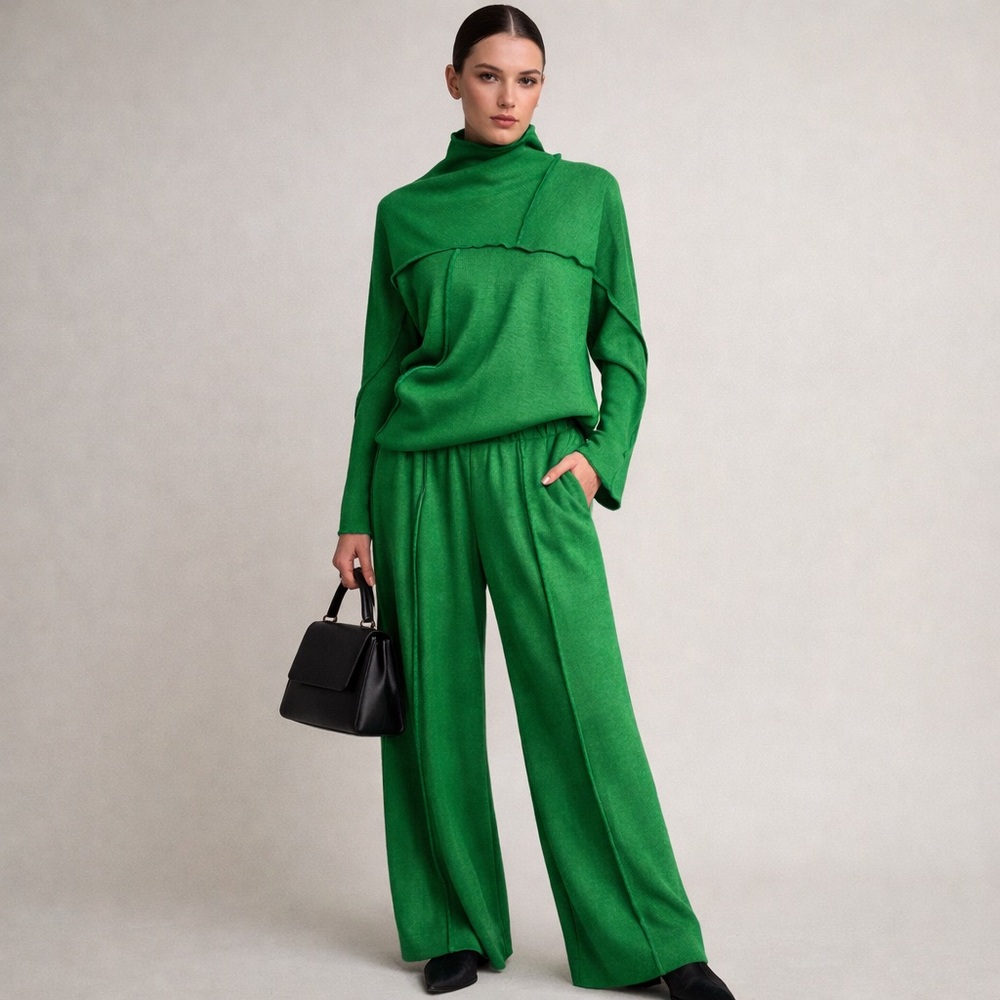 ✨Emerald Green Angora Blend Knit Set | Asymmetrical Top + Wide-Leg Pants Size M✨ - Picture 7 of 16